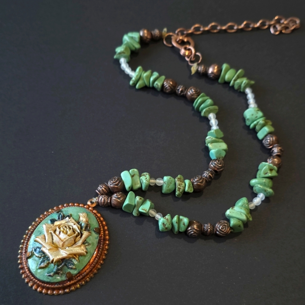 Vintage Victorian Rose Cameo Turquoise & Copper 3D Enameled Necklace - Picture 1 of 7